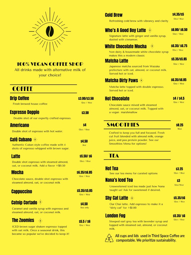 Menu of Third Space Coffee, a 100% vegan coffee shop, offering espresso drinks, lattes, teas, smoothies, and plant-based milk options.