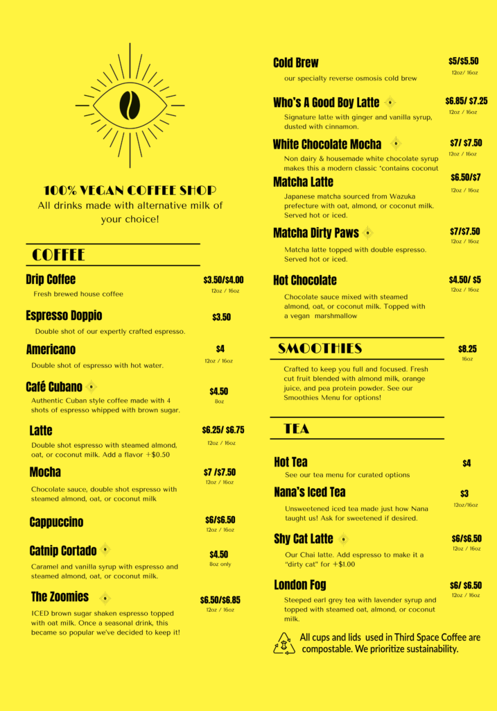 Third Space Coffee vegan drink menu featuring coffee, matcha, smoothies, tea, specialty drinks, sizes, and prices.